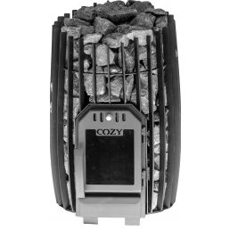 Black metal sauna heater with a stone compartment and a digital control panel.