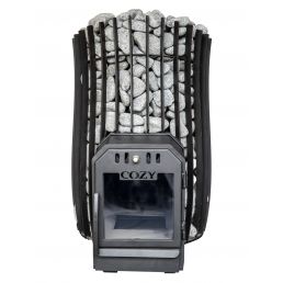 Svart bastuugn med genomskinlig dörr och en stenväl där vita stenar är placerade.