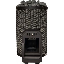 Modern black sauna heater with a glass door and a stone basket on top, dimensions approximately 200x387 mm.