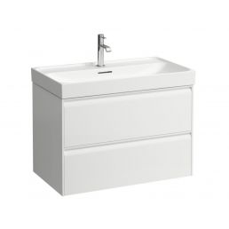 Vitt badrumsskåp med handfat 'Meda', dimensioner 785x450 mm, höjd 515 mm, två lådor, matt finish.
