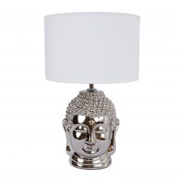 Silverfärgad BUDDHA bordslampa, 34,5 cm hög, med rund vit lampskärm.