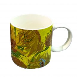 Ceramic mug with an artistic floral design on a yellow background, white handle and interior, 350 ml capacity.