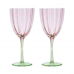 Two tall wine glasses with fluted pink bowls and green stems and bases, each approximately 21 cm high.