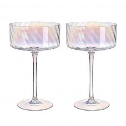 Two transparent glass wine glasses with short round bowls and long stems, approximately 17 cm tall, featuring a subtle iridescent sheen.