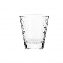 Transparent drinking glass with a conical shape, 255 ml capacity, and a textured surface.