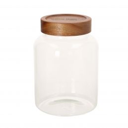 A transparent cylindrical glass jar with a wide mouth and a brown acacia wood lid, approximately 13x19 cm in size.