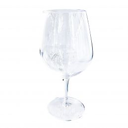 A transparent wine glass with a tall stem, wide bowl, and narrow rim, made of glass, approximately 29.5 cm tall.