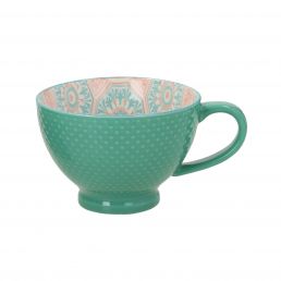 Turquoise cup with a dotted exterior texture and a curved handle, a decorative patterned interior, 355 ml capacity, 7.7 cm in height.