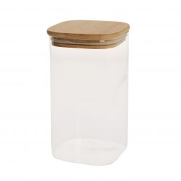 A clear glass jar with a square base and rounded corners, featuring a smooth bamboo lid. The approximate dimensions are 10x10x17.5 cm.