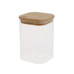 Transparent square glass jar with a bamboo lid, approximately 10x10 cm and 14 cm tall.