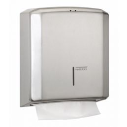 Matte stainless steel AISI 304 paper towel holder with a straight design and visible paper towels.