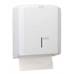 White steel wall-mounted kitchen towel holder with a small viewing window.