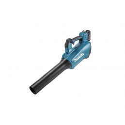 Sininen ja musta akkupuhallin, jossa on kahva ja pitkä suutin, Makita-logo näkyy rungossa.