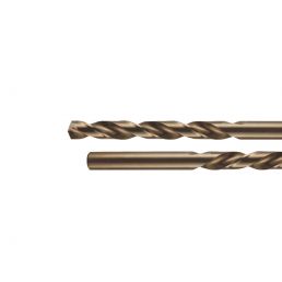 Metallinen kierremallinen poranterä, pronssinsävyinen, sileä sylinterimäinen varsi ja kierteinen leikkuupinta.