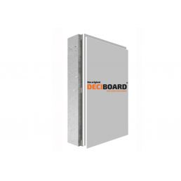 Heliisolatsioonipaneel Deciboard, helehall, 1,08 m², 2 paneeli pakendis, oranži ja musta värvi brändi logoga.