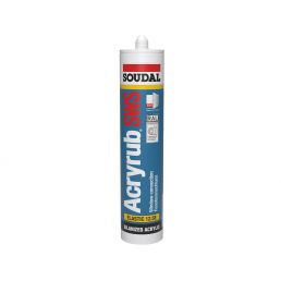 Valge 310 ml Soudal ACRYRUB hermeetiku tuub, mida kasutatakse heliisolatsiooniks.
