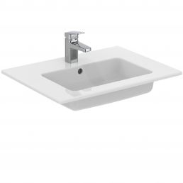 Valkoinen suorakaiteen muotoinen pesuallas hanalla, mitat 610x455 mm, merkki Ideal Standard.