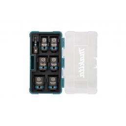 Makita 7-osainen iskukärkisarja, mustat hylsyt ja adapteri ovat järjestettyinä tukevaan siniseen muovikoteloon, jossa on läpinäkyvä kansi.