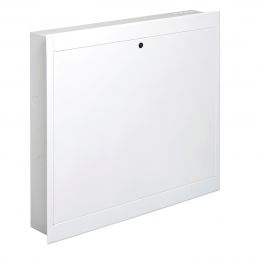 Valkoinen sisäänrakennettu keräilykaappi, jonka minimalistinen muotoilu ja koko ovat noin 1000x690-800x110-160 mm.