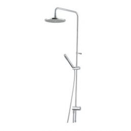 Chrome Rexx S6 shower system with overhead and handheld shower, adjustable height.
