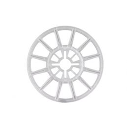 Grå, 140 mm i diameter plastfasadplatta med mönstrad design.