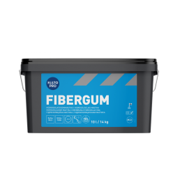 Svart plastbehållare med hydroisoleringsmastik, vikt 1,3 till 20 kg, med en blå och vit etikett som inkluderar produktnamn och information.