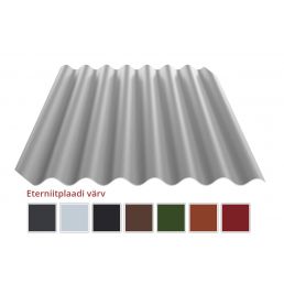 Harmaa aaltopahvinen eterniitti, saatavilla eri väreissä: musta, harmaa, ruskea, vihreä ja punainen.
