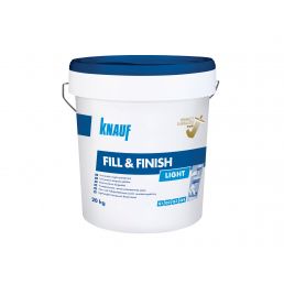 Vit rund plastspann med blått lock och metallhandtag, Knauf-logotyp och Fill & Finish Light-etikett på framsidan.