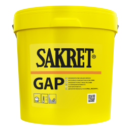 Yellow 14 kg Sakret GAP textured plaster bucket with natural pebbles, featuring a product label with technical information and a QR code.