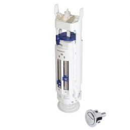 White dual-button flush mechanism with blue accents and a transparent water level indicator.