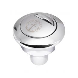 Silver, round flush button cover with an engraved logo and symbol.