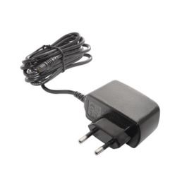 Black wall plug adapter with a standard two-prong European plug and coiled cord.