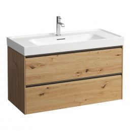 White ceramic washbasin cabinet with two wide drawers in wild oak finish and a metal faucet.