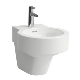 White wall-mounted bidet with rounded edges, ceramic surface, a single water tap on top, dimensions approximately 390x530 mm.