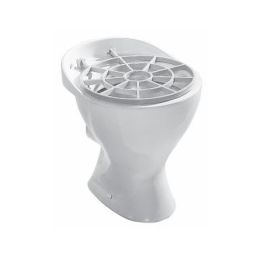 Vit toalett i keramik med rund form och ett plastgaller ovanpå.