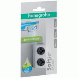 Package containing two black aerators with silver rims, compatible with M24x1 threaded faucets, from the Hansgrohe brand.