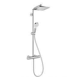Chrome shower system featuring a thermostat, wall mount, square head, and hand shower.