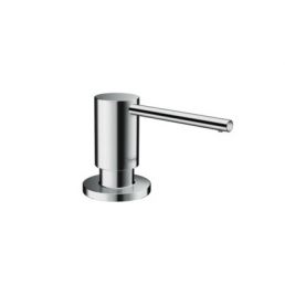Chrome soap dispenser with a cylindrical base and a horizontal dispensing lever, suitable for long sinks.