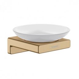 White ceramic plate with a holder in brushed bronze gold.
