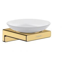 White ceramic plate with a polished golden holder.