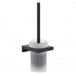 Matte black toilet brush with holder, made of stainless steel. Includes brush and lid.