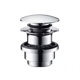 Chrome drain stopper for faucet or bidet, with a round top surface and shiny finish.