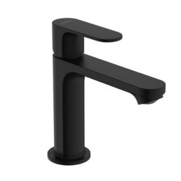 Matte black Rebris S 110 basin mixer with lift lever, modern and minimalist design.