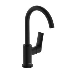 Matte black Zebris 210 faucet with a pop-up system, featuring a minimalist and modern design.