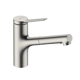 Ruostumattomasta teräksestä valmistettu keittiöhanan allas, jossa on ulos vedettävä suihku, malli M33-150 2jet.