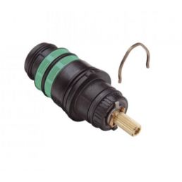 Black and green thermostat cartridge with a protruding metal end.