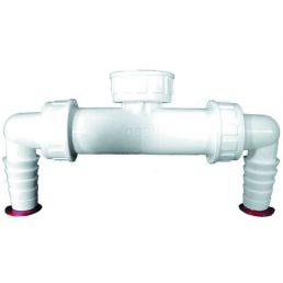 Valge plastikust L-kujuline ühendustoru, mille ülemises osas on ventiil ja mille otstes on punased tihendid.