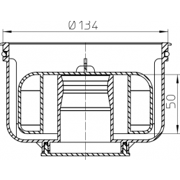 Tekninen piirros pyöreästä kuivasta vesilukosta, jonka halkaisija on 134 mm ja korkeus 50 mm, näyttää sisäiset ja ulkoiset osat.