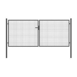 Grå dubbelgrind i metall med nätfyllning, handtag i mitten, bredd 4000 mm, höjd justerbar mellan 950 och 1950 mm.
