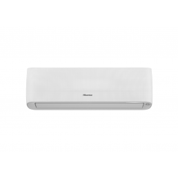 Valge seinapealne õhksoojuspump, ristkülikukujuline, sileda pinnaga ja kitsaste õhuavadega allosas, keskel Hisense logo.